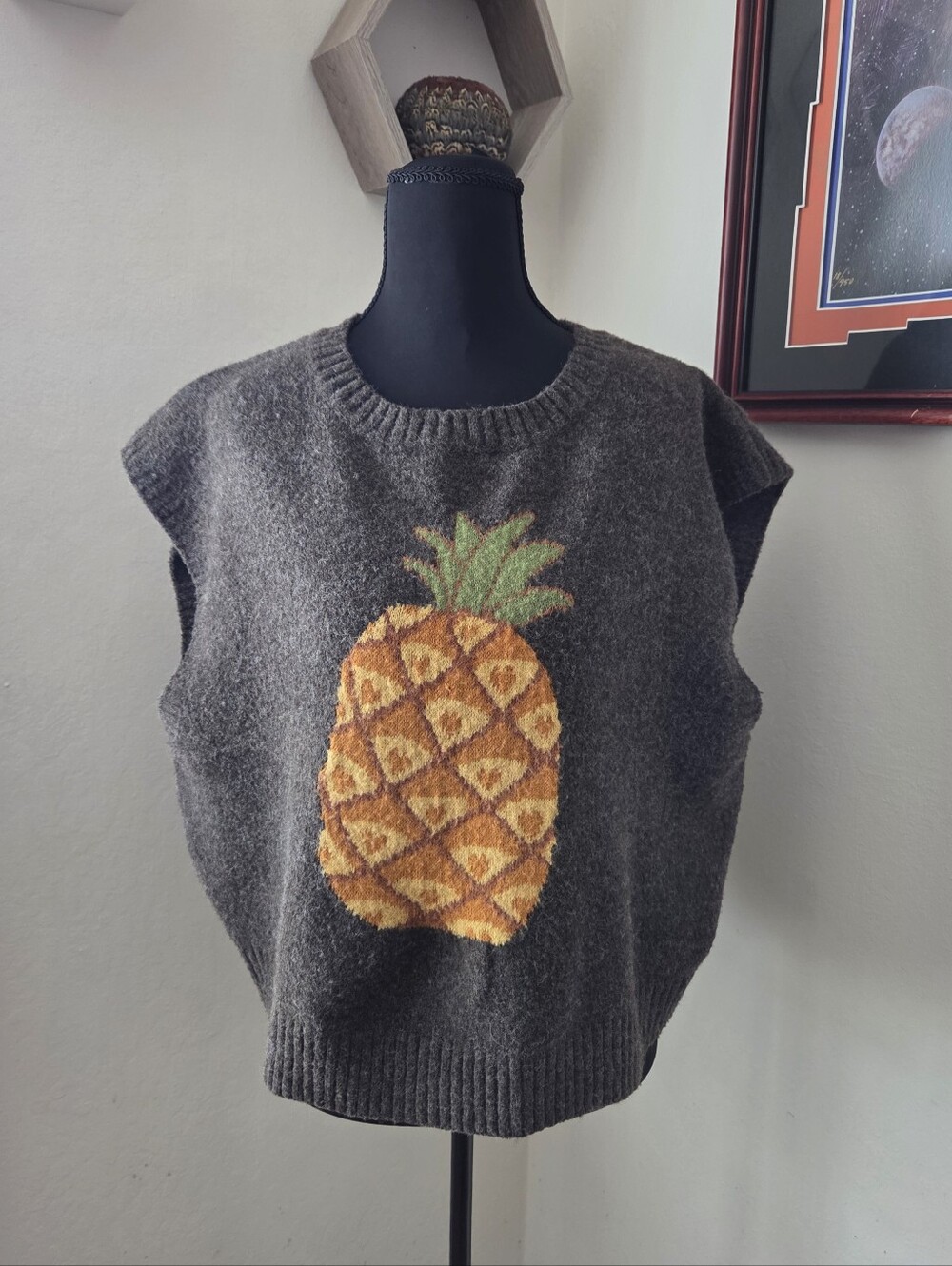 Cider Brown Knit Sweater Vest with Pineapple Motif Fall Winter Wool Blend XL